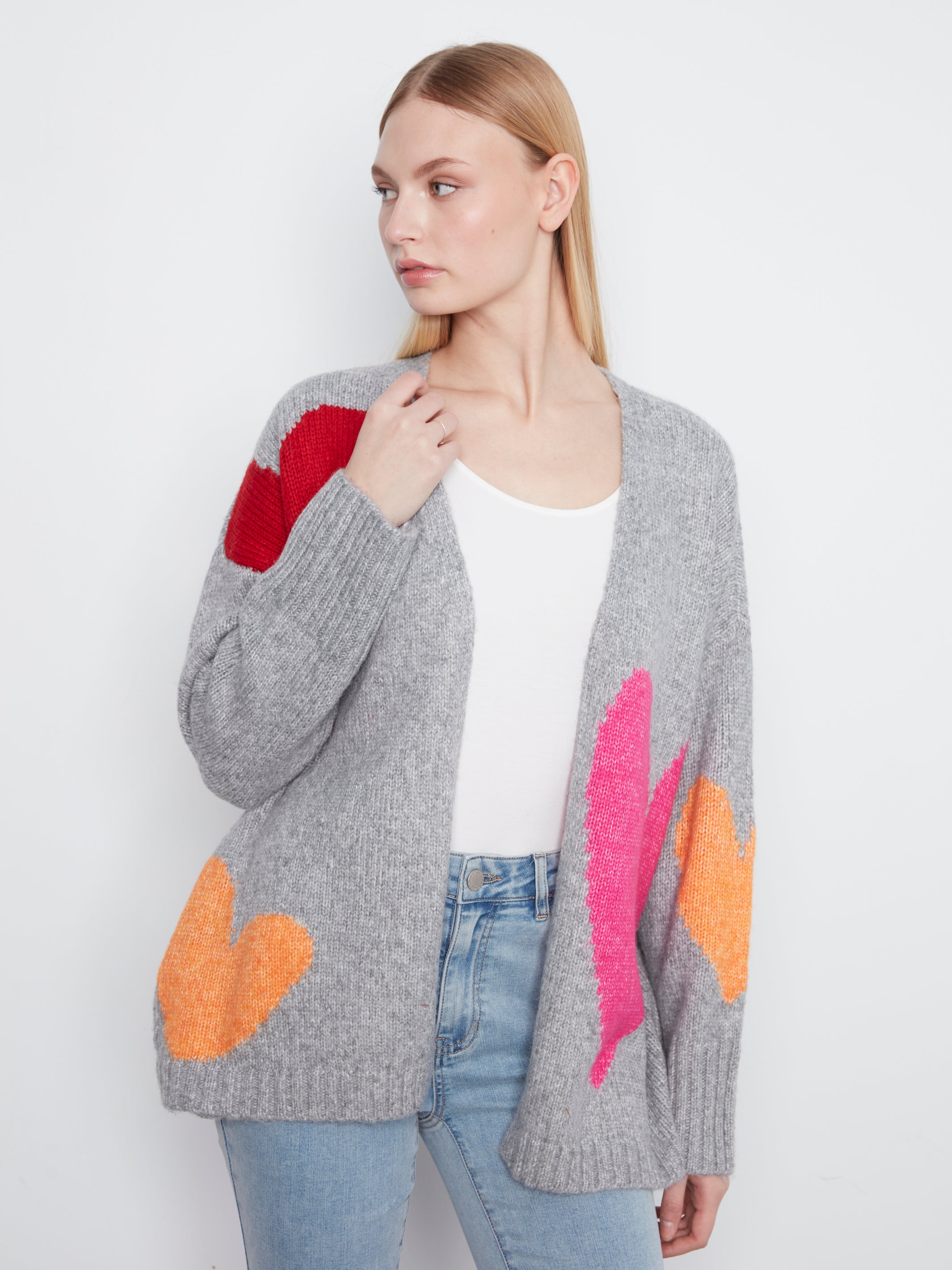 Charlie B-C2168-P008-Heart Placement Print Open Front Cardigan-H