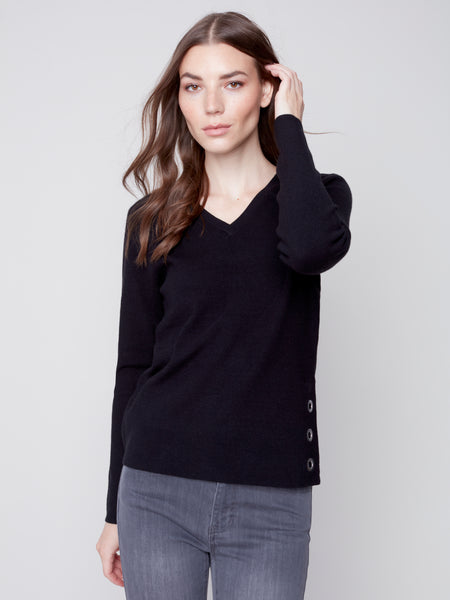 Charlie B Fall 2023-C2569-464A-V Neck Sweater-Black | The Coach Pyramids