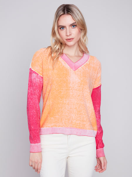 Charlie B Spring/Summer 2024-C2628-815B-Reverse Print Sweater-Tangerine