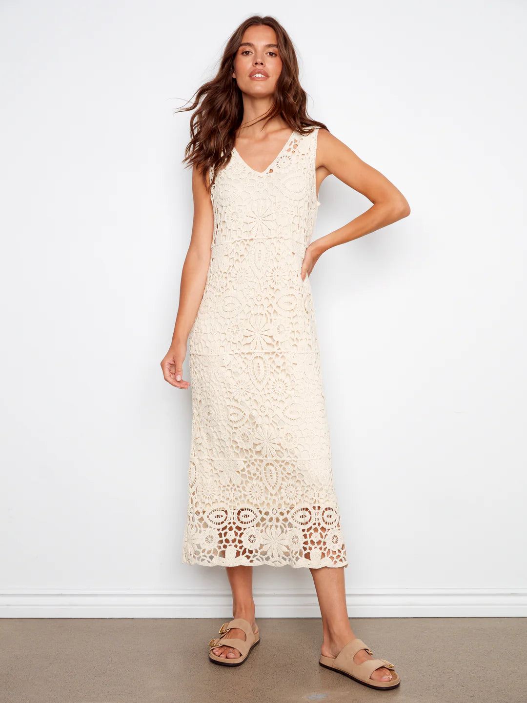 lined crochet dress Charlie B-C3203R-100-Sleeveless V Neck Dress-Natural INDO-WESTERN Halter neck. Cocktail Dress Shoes For Kaftan Length:58