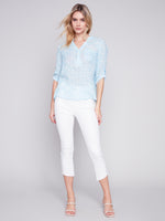 Charlie B Spring/Summer 2024-C4188Y-274C-Printed Roll Up Sleeve Blouse-Sky - The Coach Pyramids