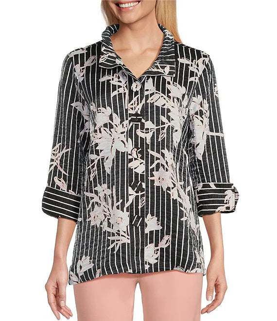 Multiples-Spring/Summer 2025-M15603BM-Turn Up Cuff 3/4 Sleeve Button Shirt-Black