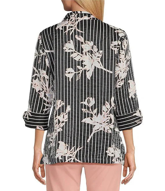 Multiples-Spring/Summer 2025-M15603BM-Turn Up Cuff 3/4 Sleeve Button Shirt-Black