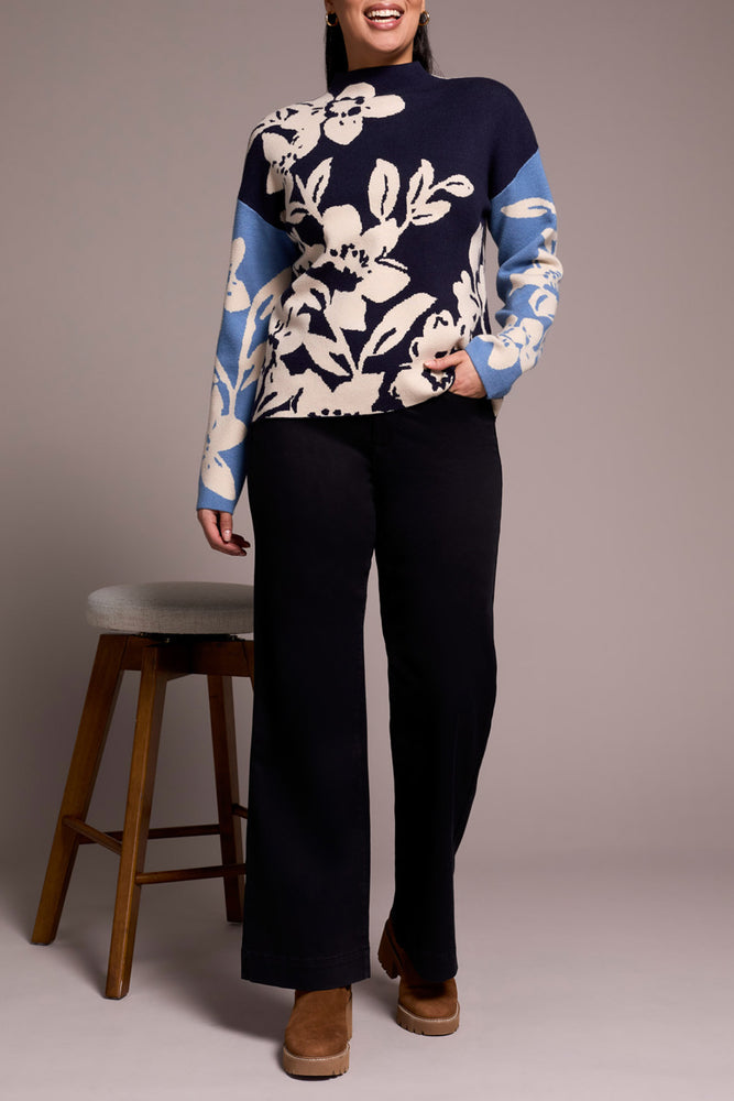 Tribal Fall 2025-1542O-8012-Knit Jacquard Funnel Neck Sweater-Sapphire - The Coach Pyramids