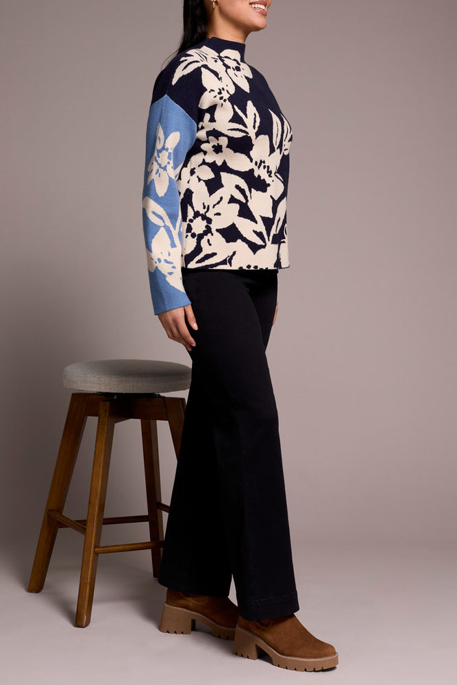 Tribal Fall 2025-1542O-8012-Knit Jacquard Funnel Neck Sweater-Sapphire - The Coach Pyramids