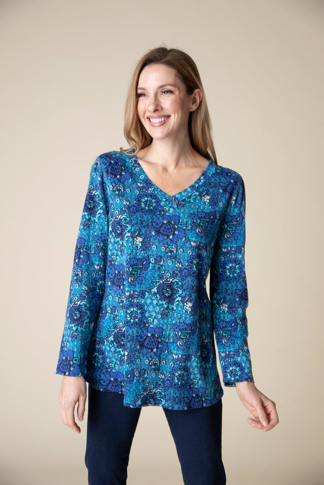 Habitat Fall 2024-H16702-VNeck Tunic French Floral-Sapphire