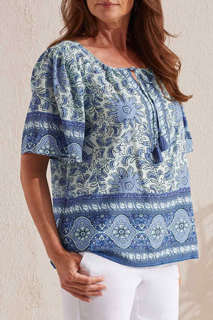 Tribal  Spring/Summer 2024-1724O-3647-Blouse W/Tassel-Blue Star - The Coach Pyramids