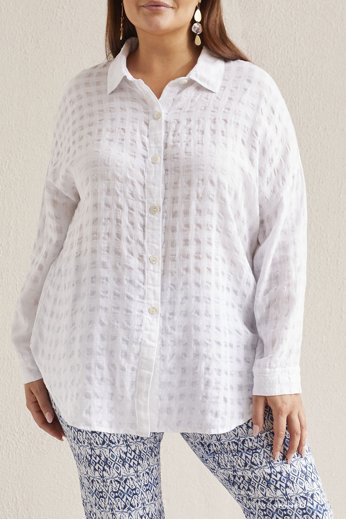 Tribal  Spring/Summer 2024-1753OV-3887-Button Front Blouse-White - The Coach Pyramids