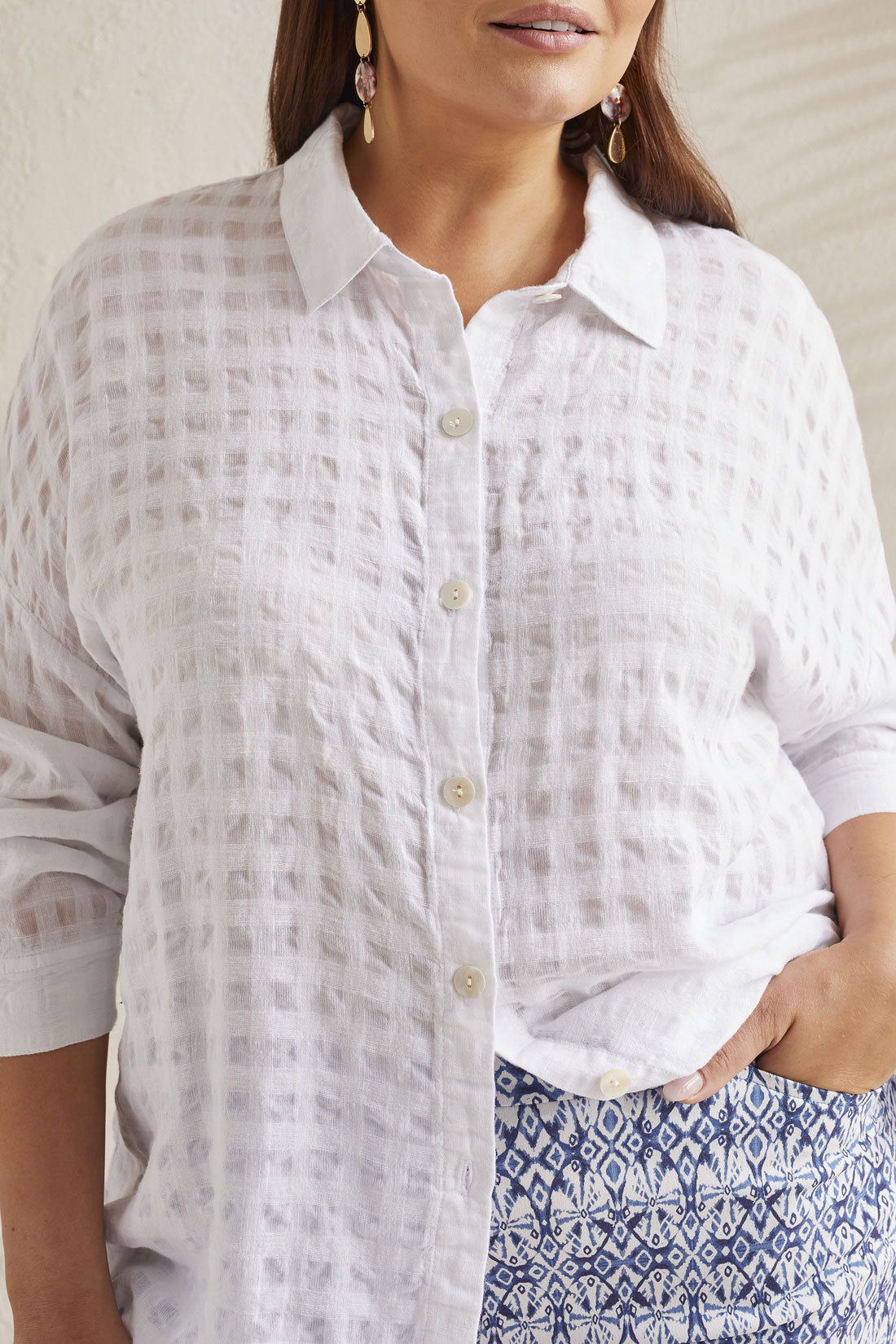 Tribal  Spring/Summer 2024-1753OV-3887-Button Front Blouse-White - The Coach Pyramids