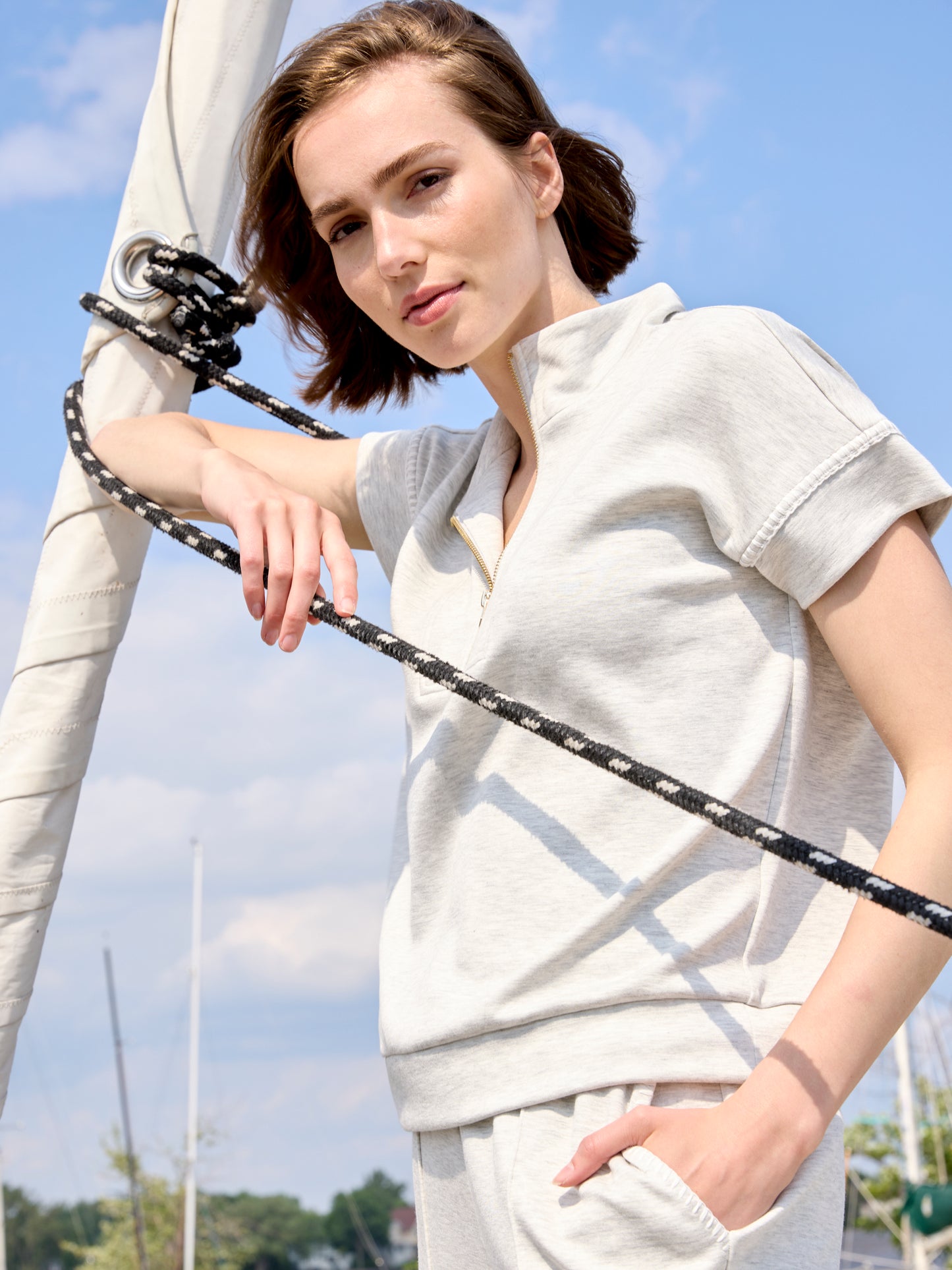Charlie B-C1445-909-S/S Half Zip Collar Top W/Blanket Stitch-LT Grey - The Coach Pyramids