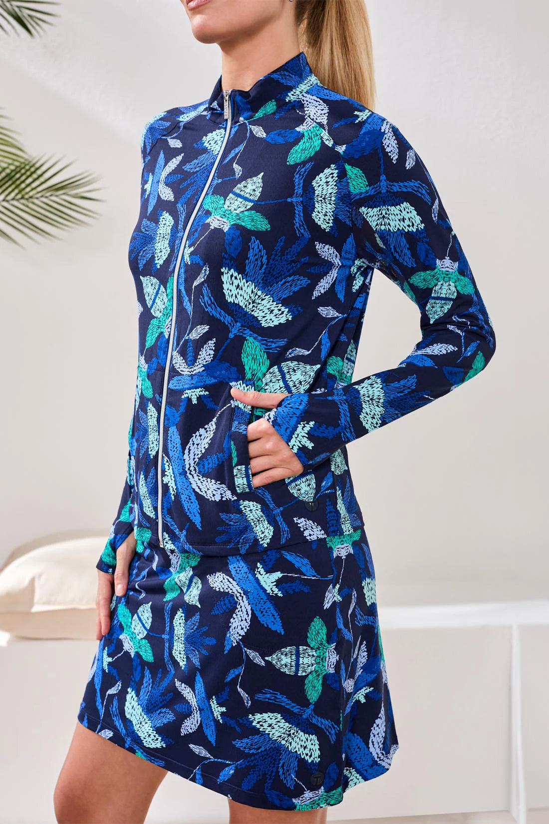 Tribal Printed Mock Neck Cardigan-1817O-2773-Blue Surf - The Coach Pyramids