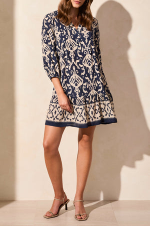 Tribal Spring/Summer 2025-1833O-3950-Printed 3/4 Sleeve Dress W/Bottom Frill-Jet Blue