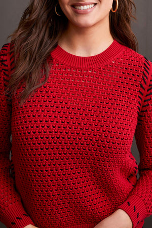 Tribal Fall 2024-1846O/1034-Crew Neck Open Sweater-Scarlet