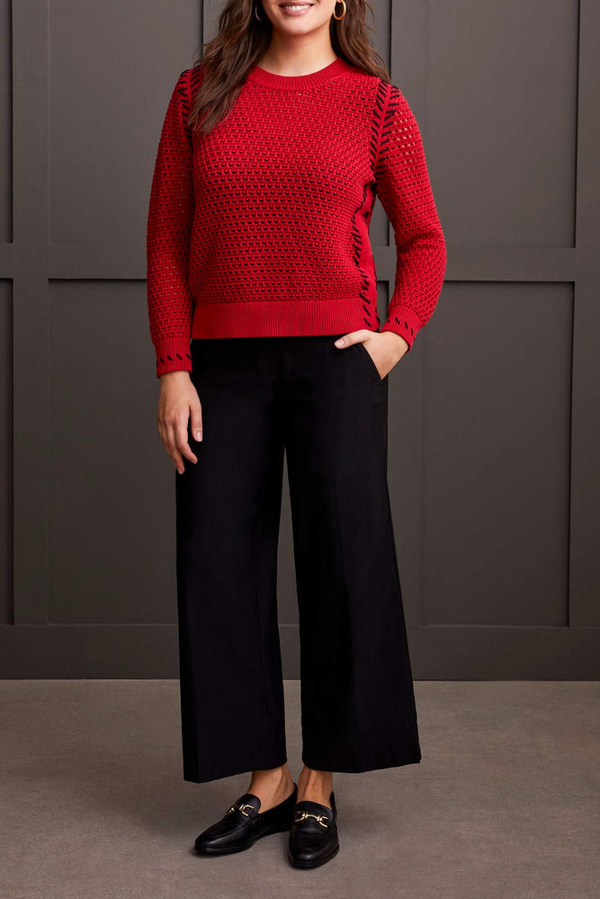 Tribal Fall 2024-1846O/1034-Crew Neck Open Sweater-Scarlet