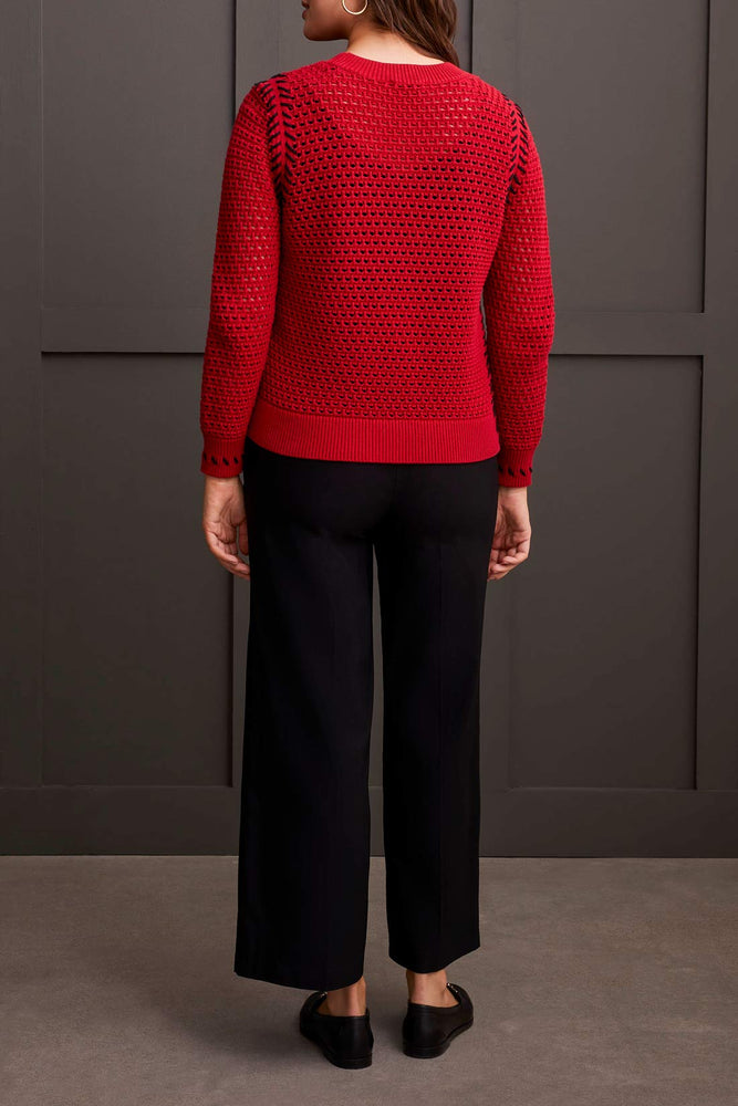 Tribal Fall 2024-1846O/1034-Crew Neck Open Sweater-Scarlet