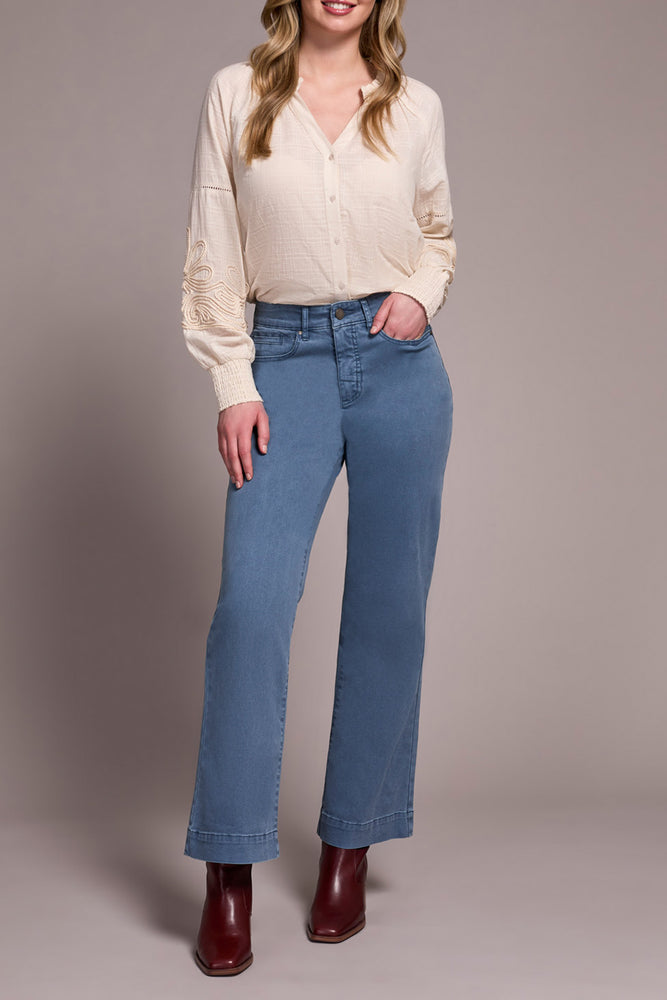 Tribal Fall 2025-1861O-2020W-Stretch Fly Front Wide Leg Pants-Slate Blue - The Coach Pyramids