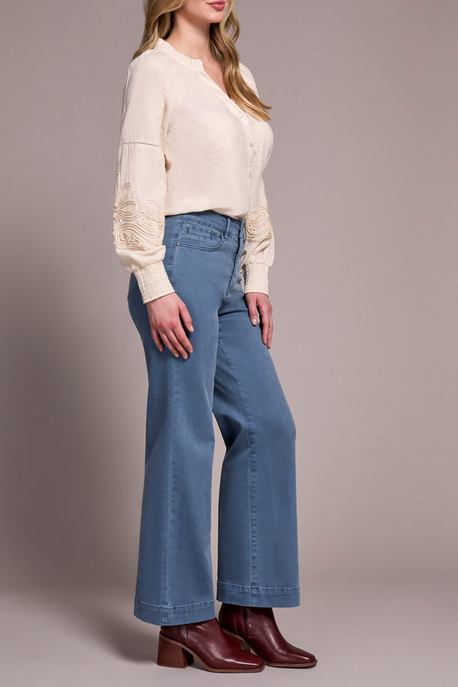 Tribal Fall 2025-1861O-2020W-Stretch Fly Front Wide Leg Pants-Slate Blue - The Coach Pyramids