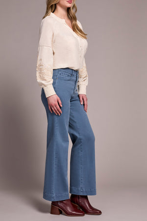 Tribal Fall 2025-1861O-2020W-Stretch Fly Front Wide Leg Pants-Slate Blue - The Coach Pyramids