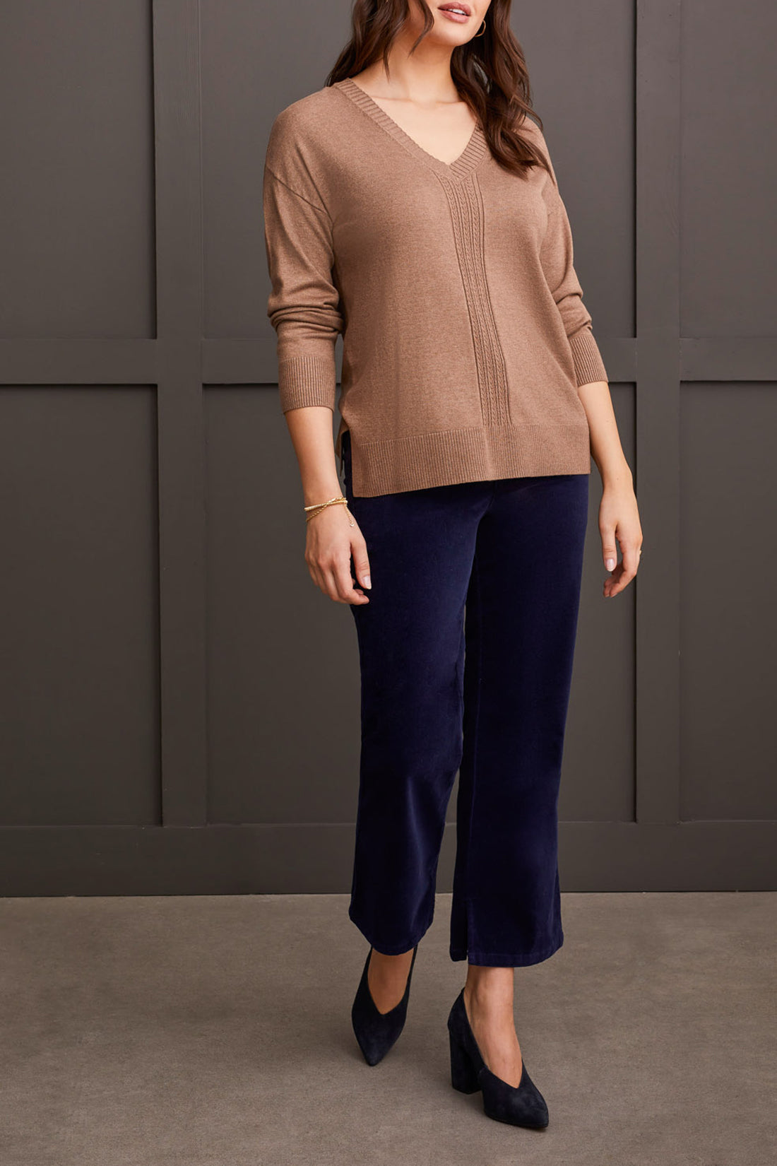Tribal Fall 2024-1924O/0106-V Neck Sweater W/Cables-Mocha - The Coach Pyramids