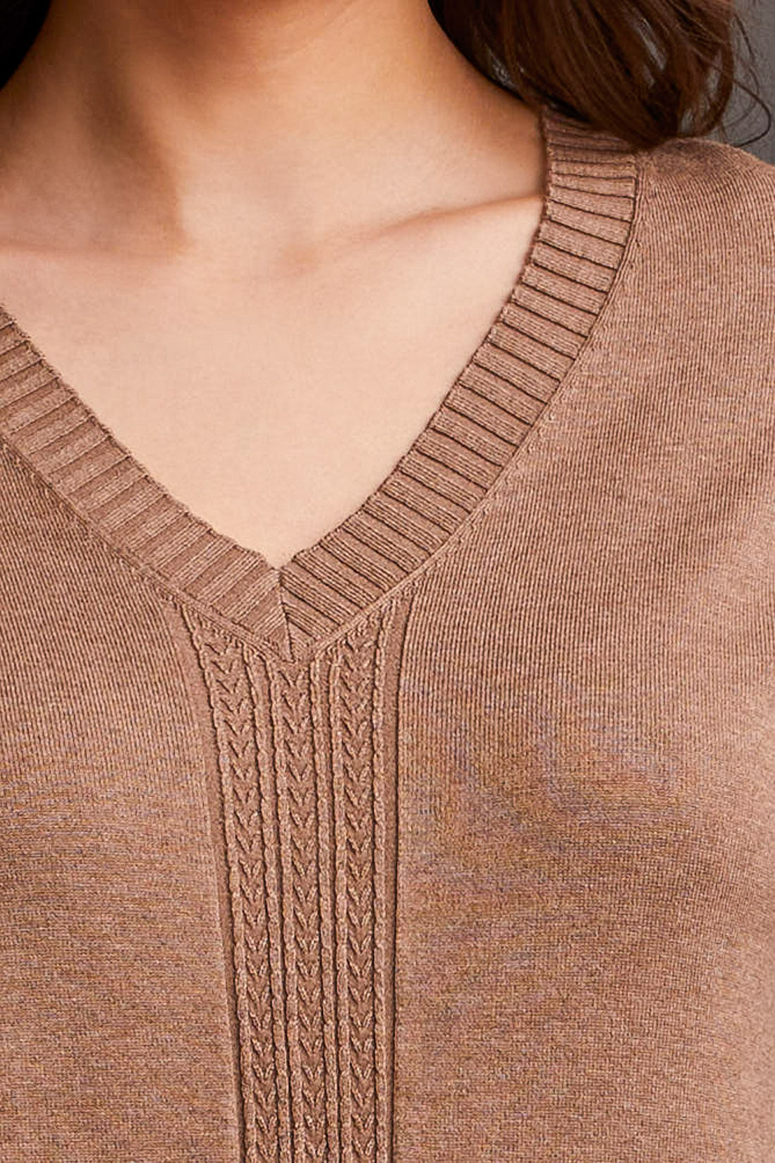 Tribal Fall 2024-1924O/0106-V Neck Sweater W/Cables-Mocha - The Coach Pyramids