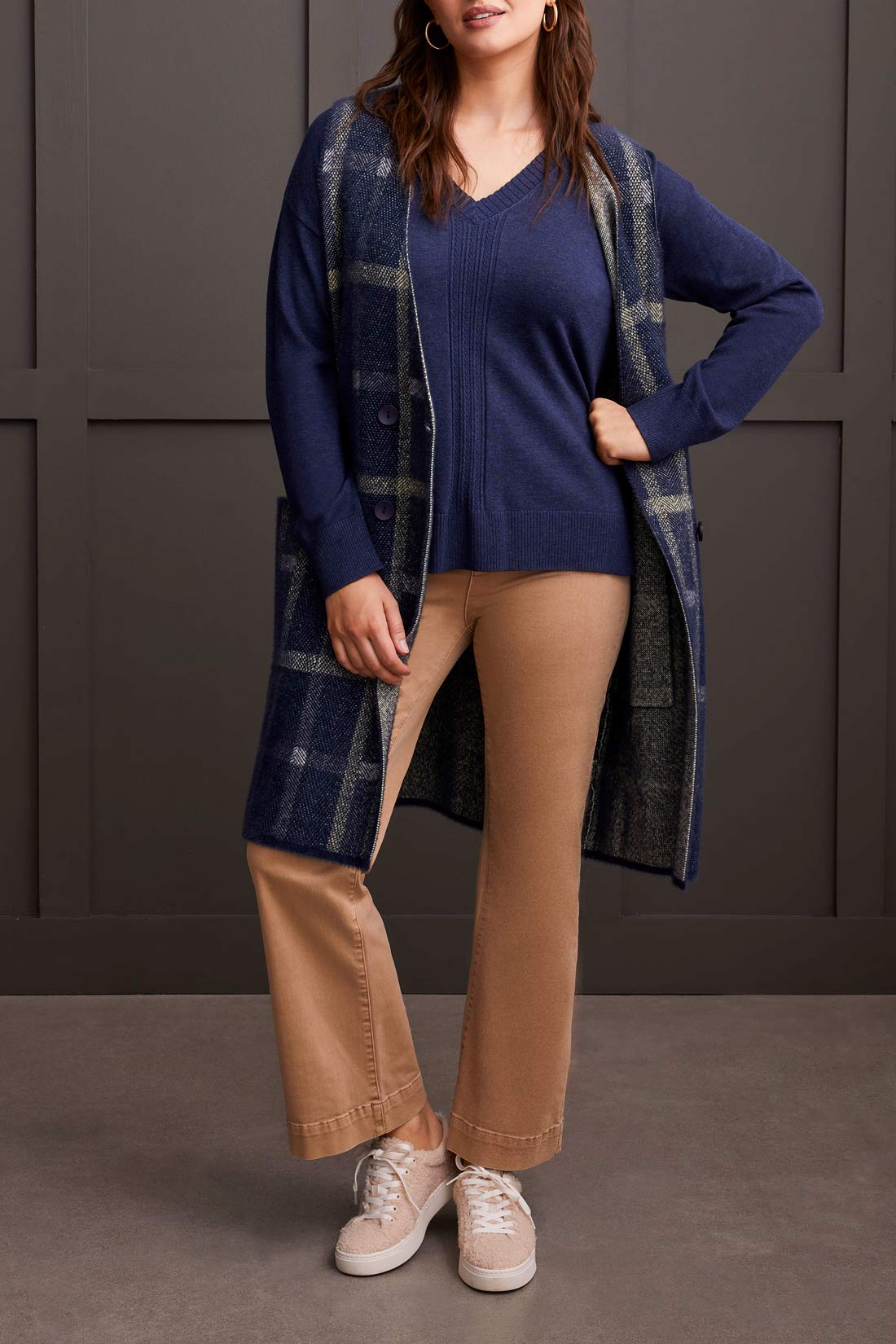 Tribal Fall 2024-1924O/0805-V Neck Sweater W/Cables-Sapphire - The Coach Pyramids
