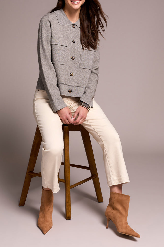 Tribal Fall 2025-1930O-8030-Double Knit Collared Sweater Cardigan-Grey Mix - The Coach Pyramids
