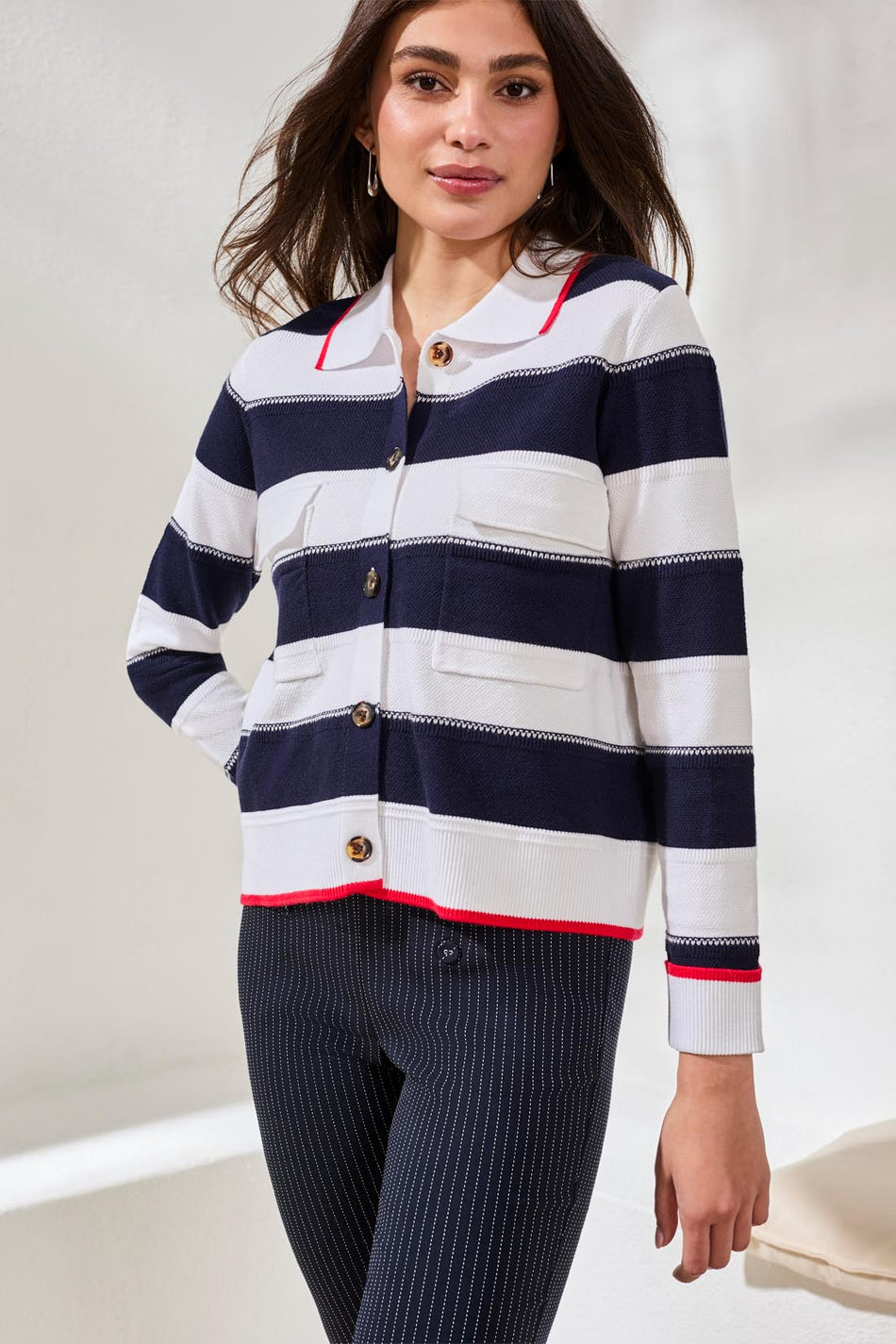 Tribal Button Front Stripe Cardigan-1930O-8241-Jet Blue - The Coach Pyramids