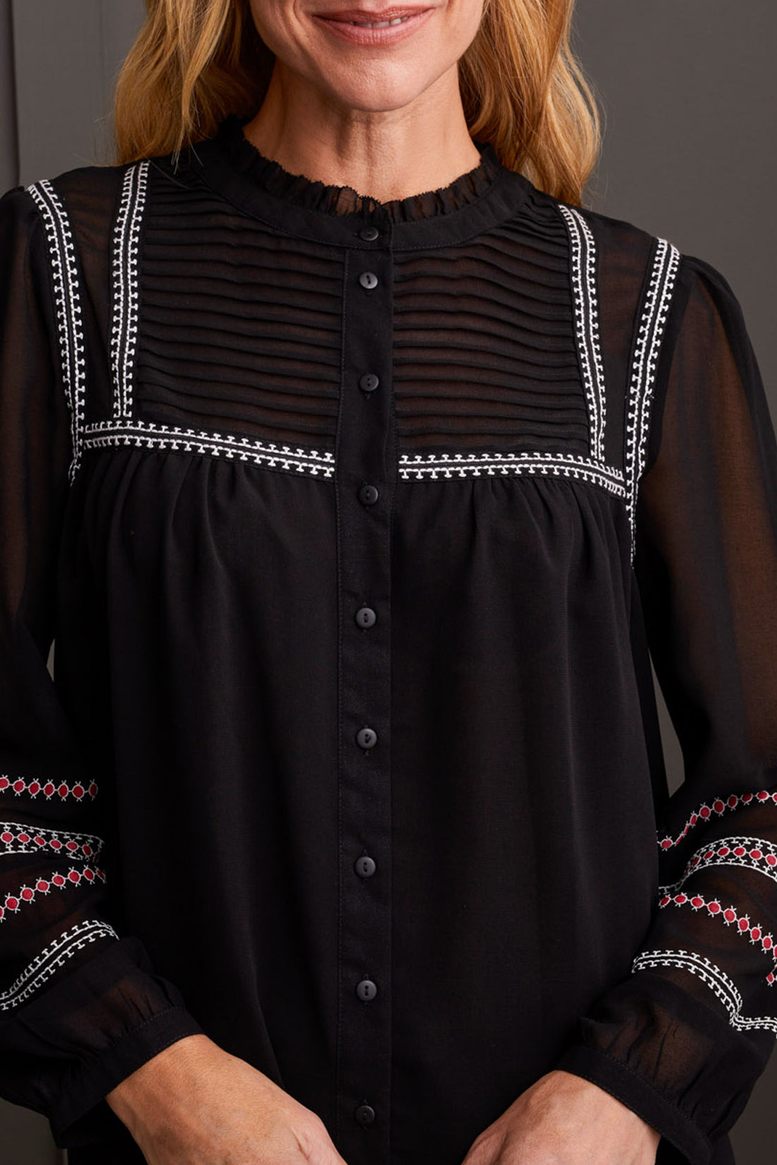 Tribal Fall 2024-1956O/0002-Button Front Blouse W/Embroidery-Black - The Coach Pyramids