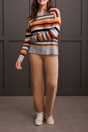 Tribal Fall 2024-1970O/0074-Crew Neck Stripe Sweater -Bordeaux