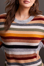 Tribal Fall 2024-1970O/0074-Crew Neck Stripe Sweater -Bordeaux