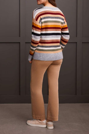 Tribal Fall 2024-1970O/0074-Crew Neck Stripe Sweater -Bordeaux