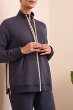 Tribal Fall 2025-2064O-3390-Scuba Knit Textured  Mock Neck Cardigan-Sapphire - The Coach Pyramids