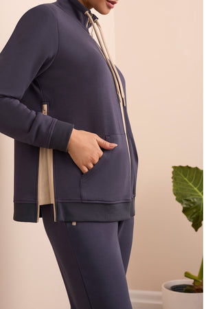 Tribal Fall 2025-2064O-3390-Scuba Knit Textured  Mock Neck Cardigan-Sapphire - The Coach Pyramids