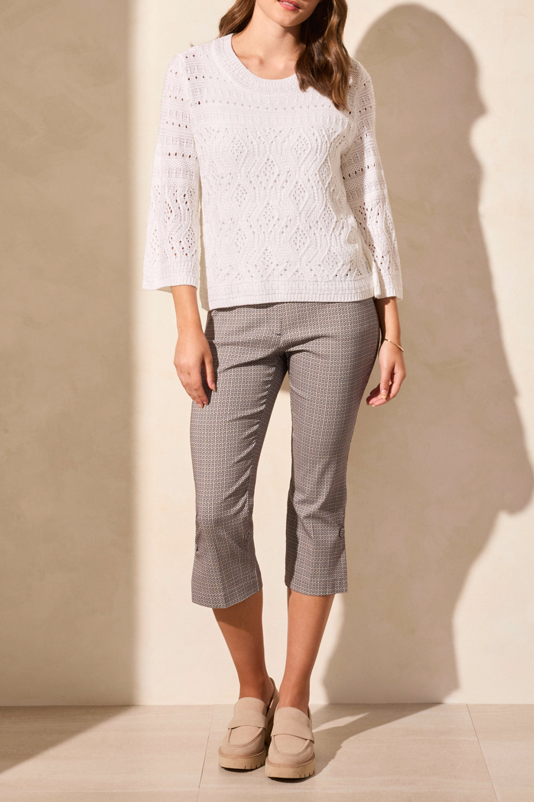 Tribal Spring/Summer 2025-2079O-8131-3/4 Bell Sleeve Cable Sweater-White - The Coach Pyramids