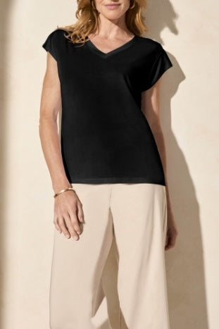 Tribal Spring/Summer 2025-2034O-2891-Cap Sleeve V Neck Top-Black - The Coach Pyramids