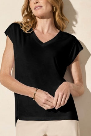 Tribal Spring/Summer 2025-2034O-2891-Cap Sleeve V Neck Top-Black - The Coach Pyramids