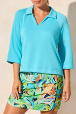 Tribal Spring/Summer 2025-2137O-3390-3/4 Sleeve Henley Top W/Side Slits-Aqua