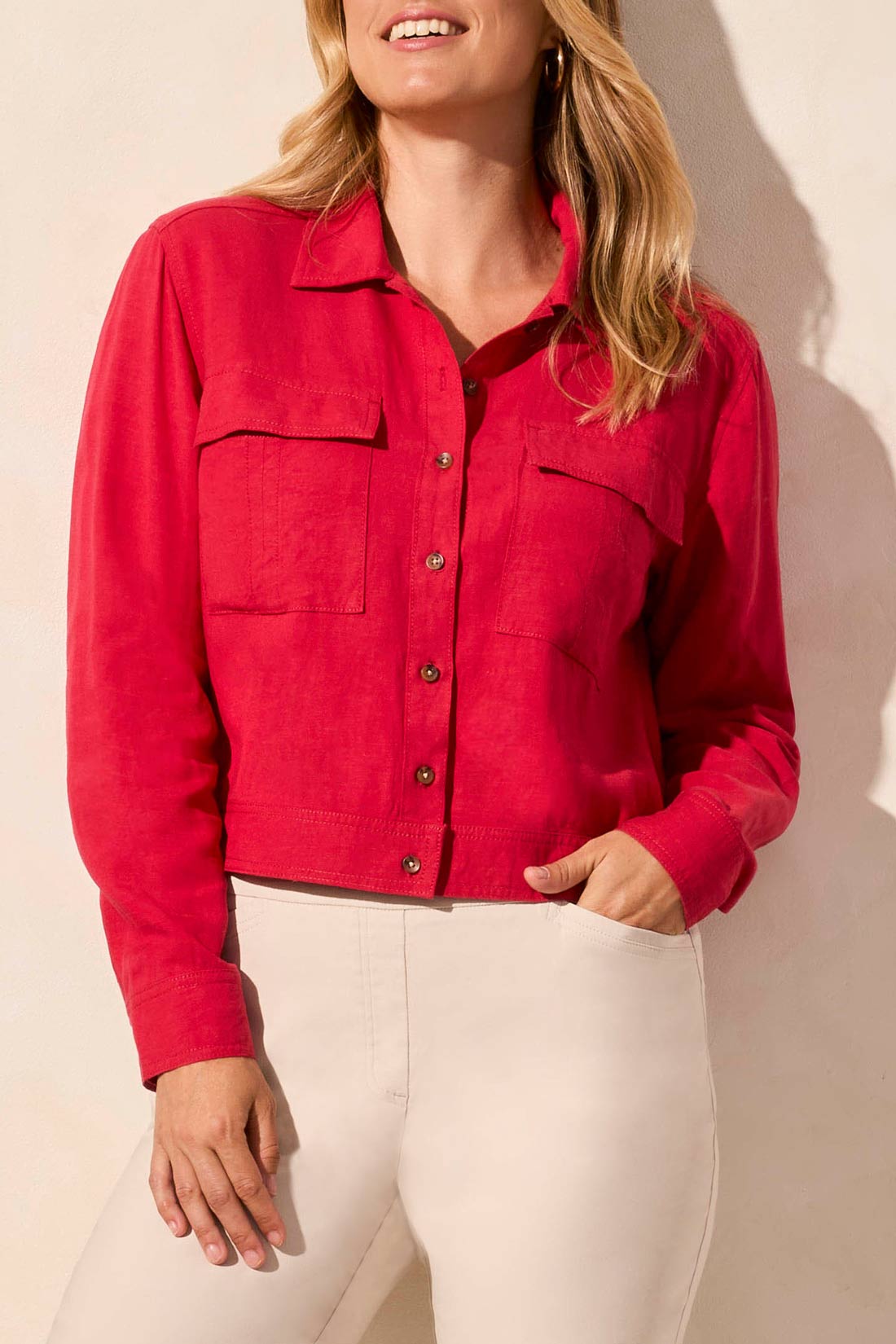 Tribal Spring/Summer 2025-2152O-4525-L/S Button Front Jacket W/Chest Pockets-Cherry - The Coach Pyramids