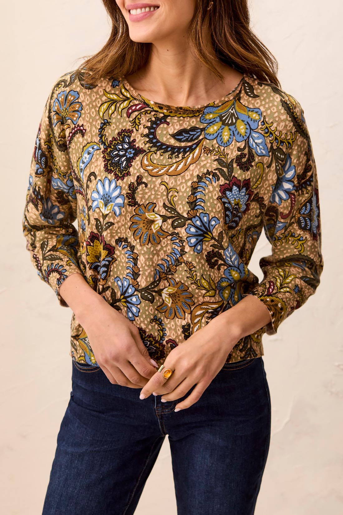 Tribal-3/4 Sleeve Crew Neck Sweater-2175O-0849-Aloe - The Coach Pyramids