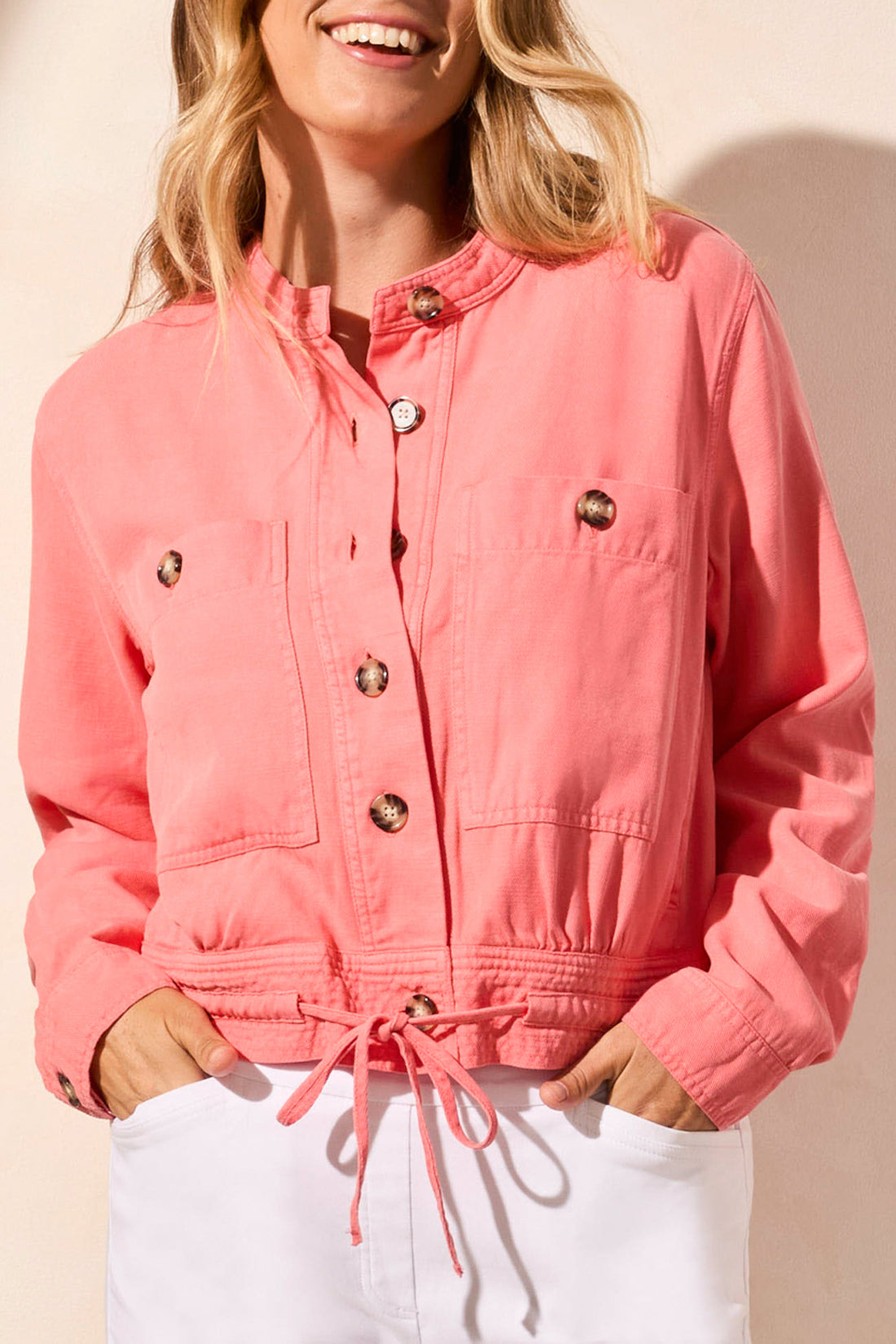 Tribal Spring/Summer 2025-2186O-8141-L/S Button Front Jacket W/Drawcord In Hem-Coral Sky - The Coach Pyramids