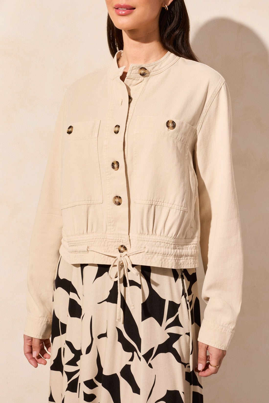 Tribal Spring/Summer 2025-2186O-8141-L/S Button Front Jacket W/Drawcord In Hem-French Oak - The Coach Pyramids