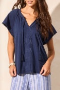 Tribal Spring/Summer 2025-2192O-8168-S/S Split Neck Top W/Tassel-Jet Blue - The Coach Pyramids