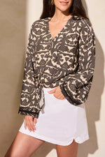 Tribal Spring/Summer 2025-2199O-8143- Button Up Blouse W/Tie And Embroidery-Black