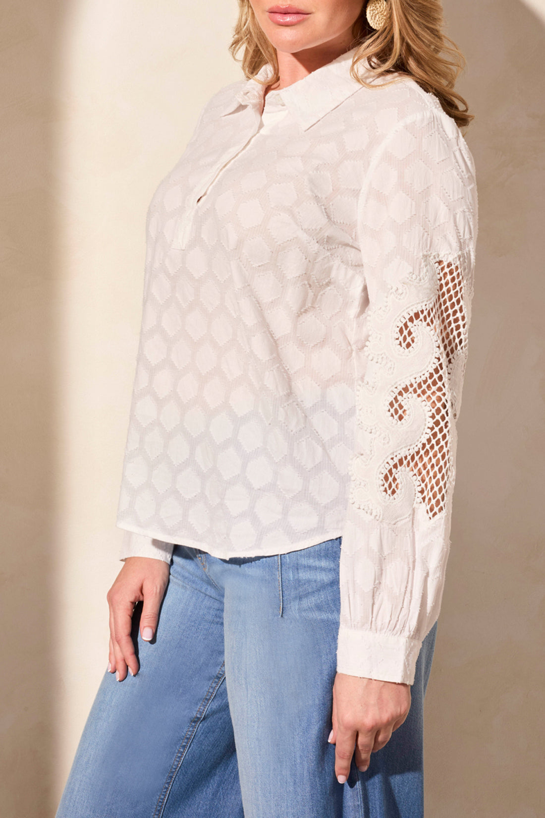 Tribal Spring/Summer 2025-2220O-8145-L/S Blouse W/Lace Applique On Sleeve-White - The Coach Pyramids