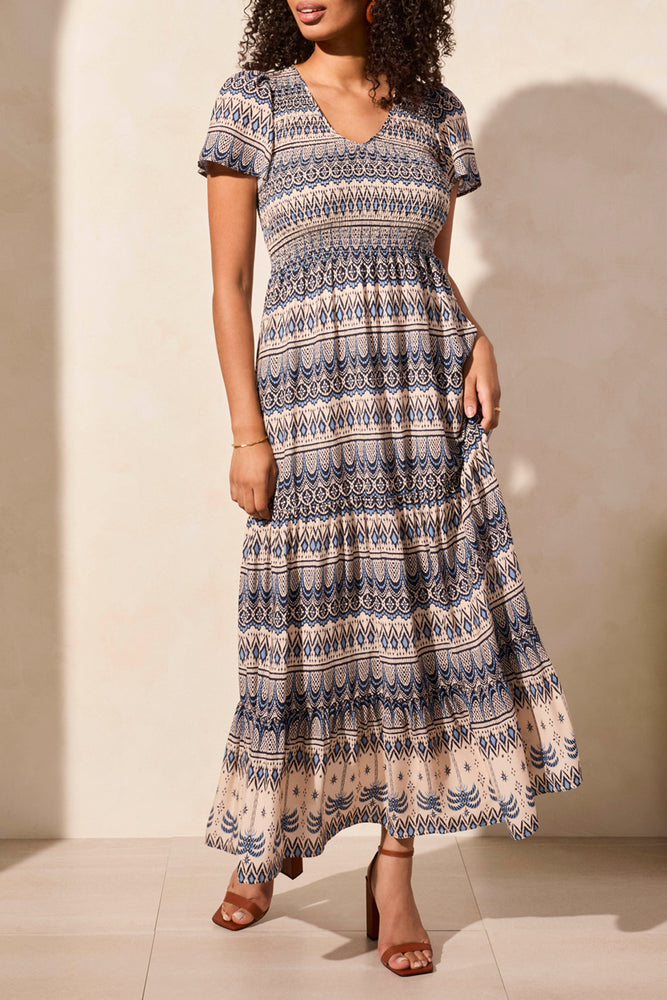 Tribal Spring/Summer 2025-2226O-3880-Lined S/S Ruched Top Maxi Dress-Scuba Blue