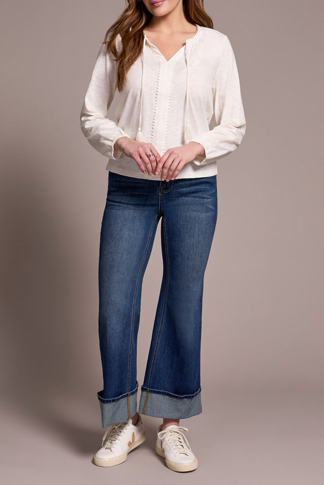 Tribal Fall 2025-2232O-8168-Long Sleeve Split Neck Top W/Tassel- Cream - The Coach Pyramids