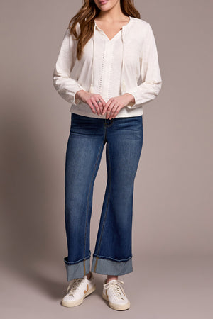 Tribal Fall 2025-2232O-8168-Long Sleeve Split Neck Top W/Tassel- Cream - The Coach Pyramids