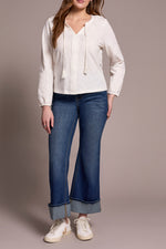 Tribal Fall 2025-2232O-8168-Long Sleeve Split Neck Top W/Tassel- Cream - The Coach Pyramids
