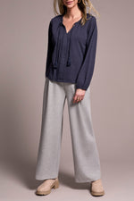 Tribal Fall 2025-2232O-8168-Long Sleeve Split Neck Top W/Tassel- Sapphire - The Coach Pyramids