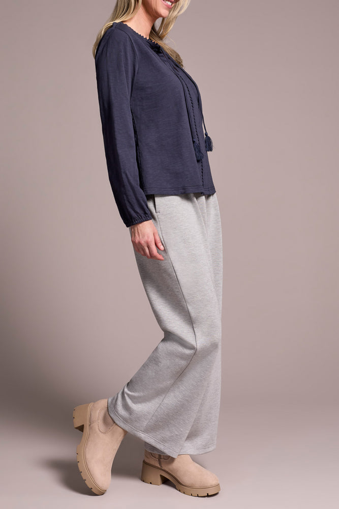 Tribal Fall 2025-2232O-8168-Long Sleeve Split Neck Top W/Tassel- Sapphire - The Coach Pyramids